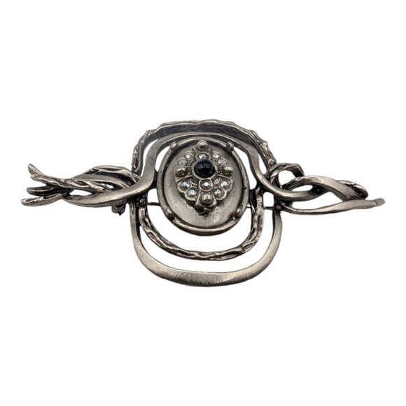 Handcrafted Twisted Metal Brooch With Ornate Centerpiece Silver Tone Statement - Picture 4 of 9